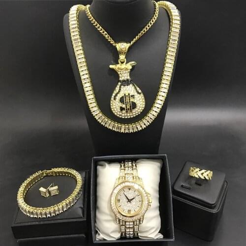 Luxury Men Gold Color Watch & Necakcle & Braclete & Ring & Earrings Combo Set Ice Out Cuban In Crystal Neckalce Hip Hop For Men