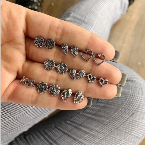 Hot Sale Earings Set with Combination Heart Love Leaf Drops Vintage Varved Hollow Earrings 9 Pairs of Earrings Ornament