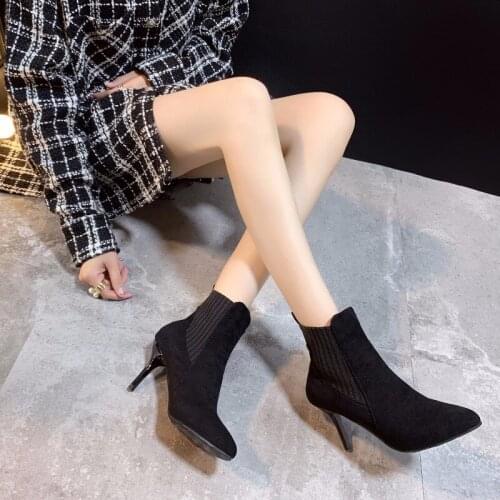 Autumn And Winter New Trend Wild Suede Cover Classic Non-slip High-heeled Knit Stitching Fashion Design Women Ankle Boots B20-43