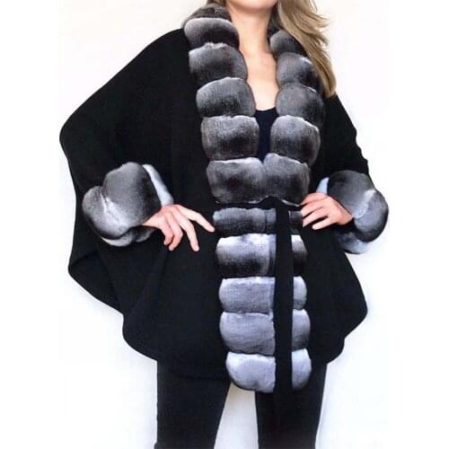 FURSARCAR 2020 Women Natural Rex Rabbit Fur Wool Coat Bat Sleeve 70cm Long Fur Cape Chinchilla Color Winter jacket