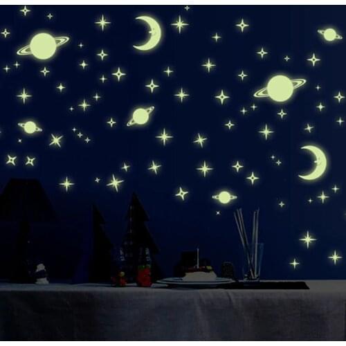 Luminous Galaxy Moon Stars Wall Stickers Saturn Art Design Stickers for Kids Room Home Decoration Wall Decals Glow in the Dark