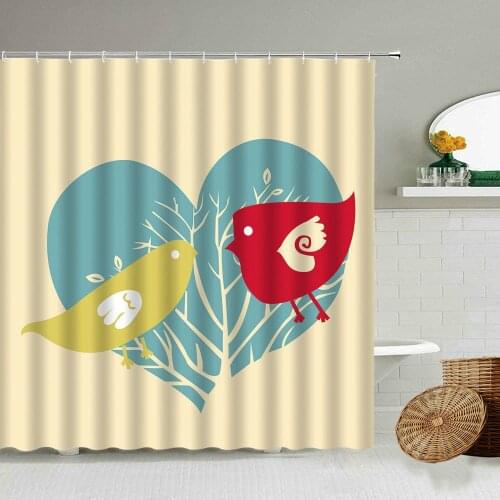 Cartoon Love Tree Couple Bird Shower Curtain Abstract Colorful Art Bathroom Decoration With Hook Waterproof Polyester Screen Set