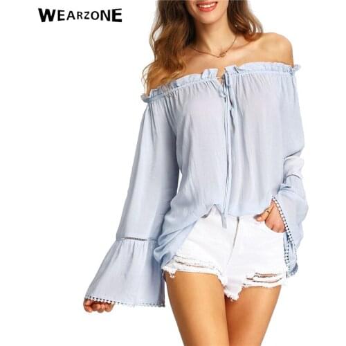 2016 Womens bandage White Flare Sleeve Style Off The Shoulder Blouses Casual Summer Beach Batwing Sleeve Loose Blouse and Tops