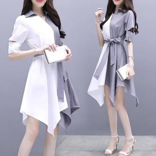 Skirt Womens Summer 2021New Large Loose Top Dichromatic Stitching Medium Length rregular Stripe Shirt Dress Factory Berserk Hot