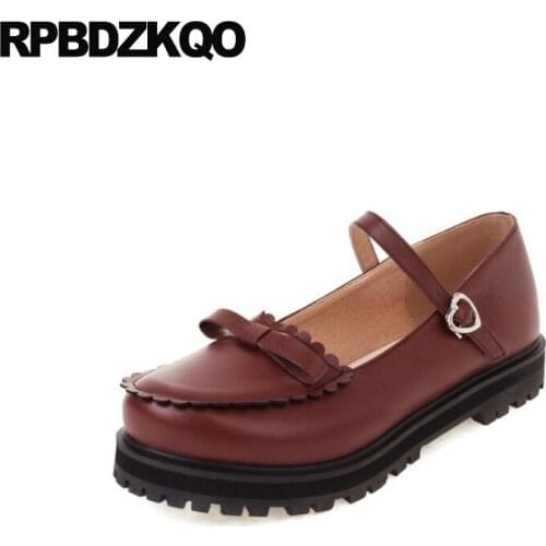 Flats Size 41 10 Bow Chinese Women Heart Buckle Mary Janes Japanese Girls Latest Bowtie White Shoes Large 11 Round Toe Brown