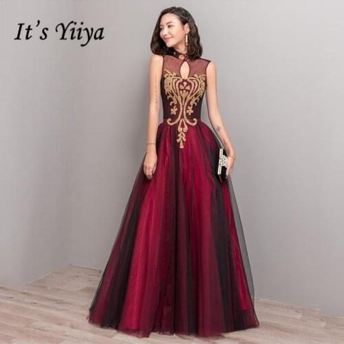 Its Yiiya Burgundy Evening Dress A-line Gold Glitter Shiny Formal Dresses Sleeveless Plus Size Evening Gown Vestido Longo K200