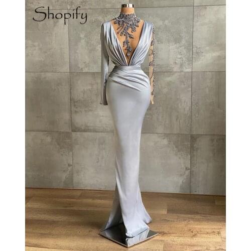 Sexy Skinny High Neck Luxury Beaded Long Sleeve Side Slit Silver Satin African Women Long Evening Dress 2021