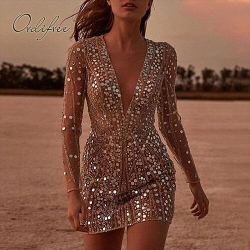 Ordifree 2021 Summer Women Mini Party Dress Sexy Bodycon See Through Mesh Gold Sequin Short Pencil Dress