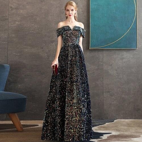 Evening Dress 2020 Robe De Soiree New The Party Prom Formal Evening Dress Elegant Boat Neck Bling Bling Sequin A-line Gowns