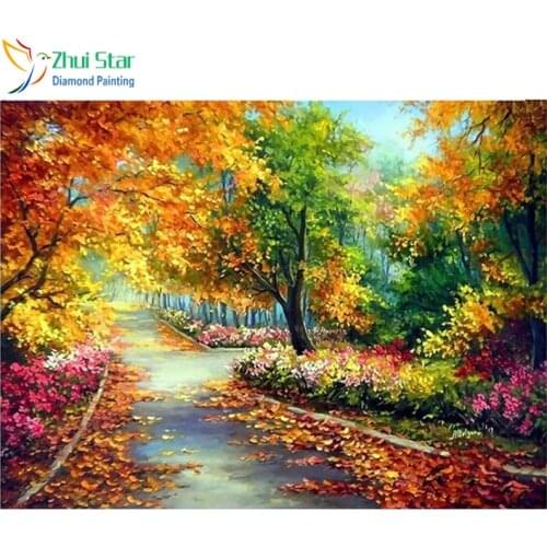 Zhui Star 5D Diamond Embroidery fall leaves sweep Tree Forest Road Full Diamond Mosaic Picture Pasted Needlework Decor