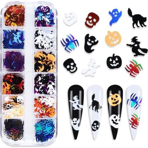 1Box Halloween Nail Art Glitter Sequins 3D Holographic Skull Spider Pumpkin Bat Ghost Witch Shape Nail Festival Glitter Flakes