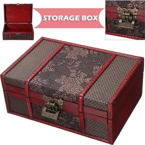 1pc Vintage Treasure Chest Wooden Jewelry Trinket Storage Box Case Holder with Lock Carfts Ornaments