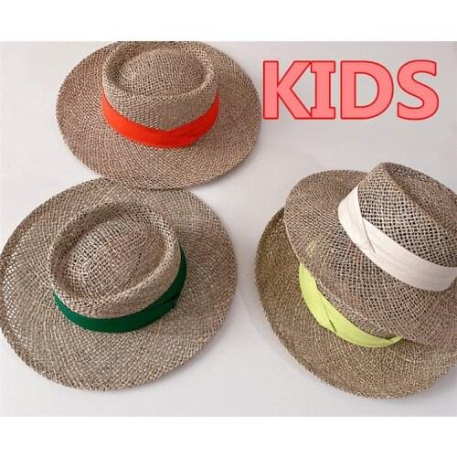 202104-lele new Hand woven Salty grass Hollow out sunshade children fedoras cap KIDS jazz panama hat