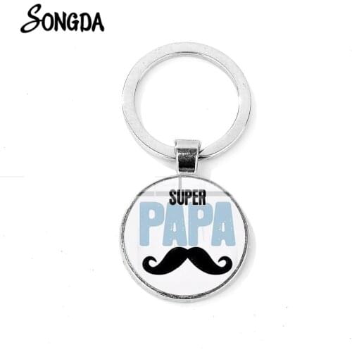 Super Papa Mens Keychain for Fathers Day Gift Best Dad Creative Design Glass Cabochon Key Ring Handmade Silverm Plated