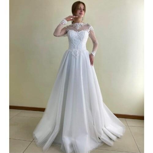 Elegant Long Shear Neck Lace Wedding Dresses with Sleeves A-Line White Corset Back Robes De Mariée Bridal Gown For Women
