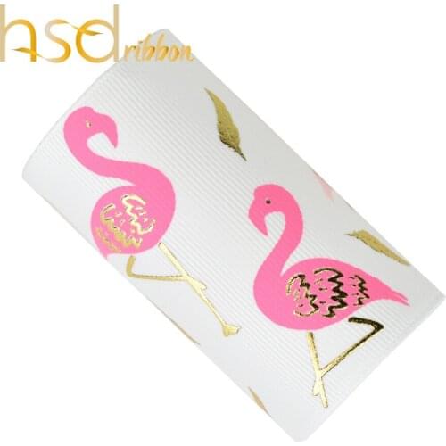 HSDRibbon designer custom 75MM 3inch Flamingo two color ink with gold foil on Solid Grosgrain Ribbon