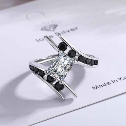 KOFSAC Trendy Black Zircon 925 Sterling Silver Ring For Women Jewelry Adjustable Crystal Square Geometric Ring Cool Lady Gift