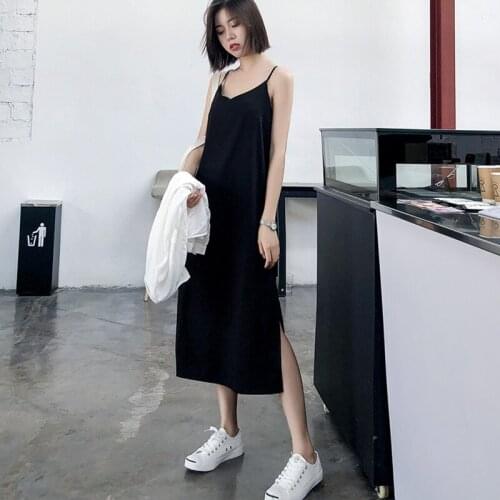 Lucyever Summer Black Spaghetti Strap Long Dress Women 2021 Sexy V Neck Backless Split Dresses Female Solid Maxi Dress for Woman