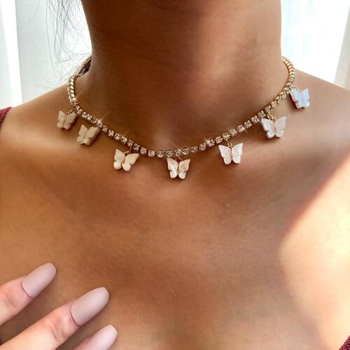 Fashion Acrylic 7 Butterfly Pendant Necklace for Women Gold Color Shiny Rhinestone Tennis Chain Necklace Wedding Jewelry Gift