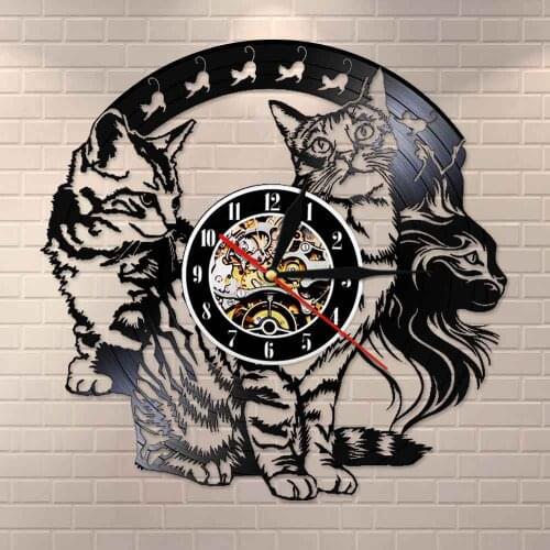 Cat Designs Wall Art Kitty Home Decor Kitten Cats Vinyl Record Wall Clock Vintage Silent Movement Wall Clock Gift for Cat Lovers