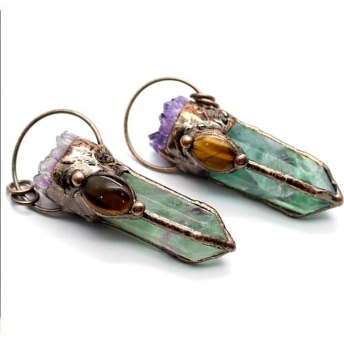 Natural 1pc Hexagonal Fluorite Quartz Stone Vintage Pendant Amethystss Cluster Cap And Cats Eye Bead Paved Ant Gold Plating