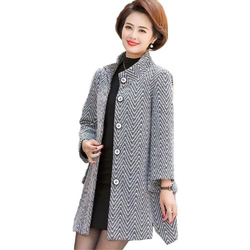 New Middle-aged women Stripe Woolen coat Winter Warm Long Half high collar Windbreaker Womens Loose Plus size Wool coats 4XL