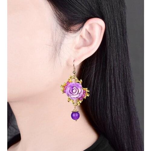 Original Exaggerated Ethnic Style Powder Crystal Eardrop Chinese Classical Court Fairy Purple Flower Earrings