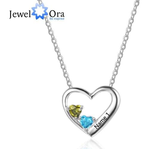 Personalized 925 Sterling Silver 2 Birthstone Necklace Pendants Engraved Heart BirthStones Necklace Mom Gift JewelOra NE101877