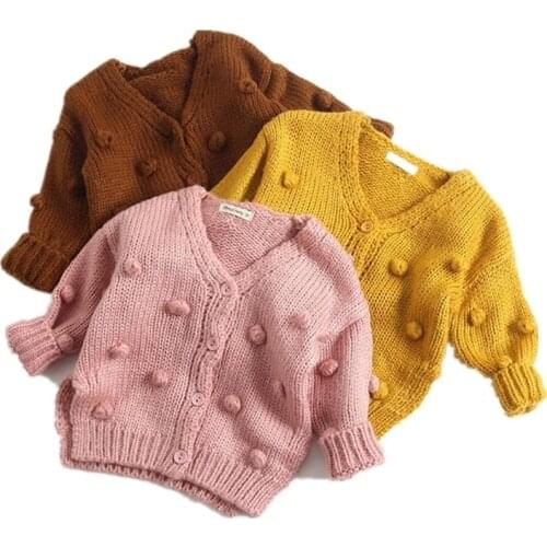 Sweater Jacket Knitted Cardigan Baby Girl Top Handmade Cotton Long-Sleeved V-Neck Solid Color Casual Unisex Childrens Clothing