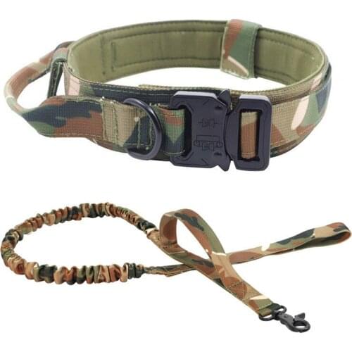 Tactical Dog Collar and Bungee Leash Military Thick with Handle and Heavy Duty Nylon Adjustable Metal Buckle for Training Dogs
