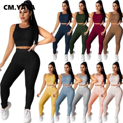 CM.YAYA Active Knit Sweatsuit Womens Set Tank Tops and Legging Pants Suit Sport Ribbed Tracksuit Two Piece Set Fitness Outfit