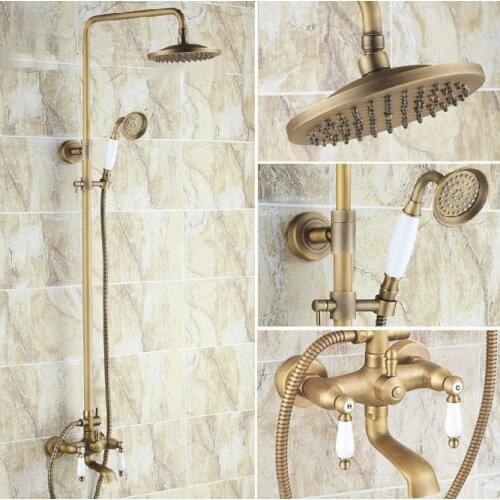 Vintage Retro Antique Brass Dual Ceramic Handles Bathroom 8 Inch Round Rain Shower Faucet Set Tub Mixer Tap Hand Shower mrs145