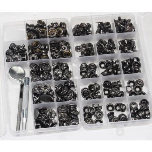 Top grade 15MM dress leather stud buttons 100 sets boxed gun color button snap buttons for clothing + repair tool set