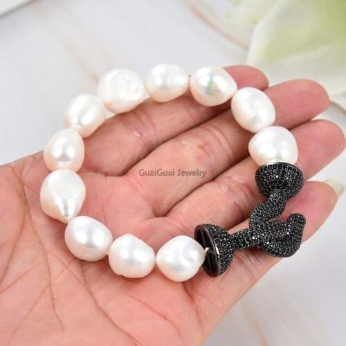 GuaiGuai Jewelry Natural 8" White Baroque Pearl Bracelet CZ Clasp