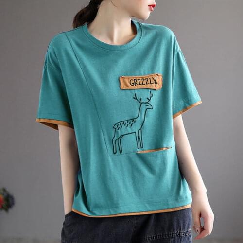 Womens Cotton Short-Sleeved T-shirt Summer 2021 New Pocket Embroidered Patch Loose All-Match T-shirt Top