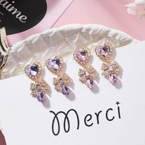 Womens Fashion Romantic Crystal Stone Heart Love Drop Earrings Pendientes Rhinestone Bowknot Long Earrings For Japanese Jewelry