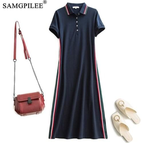 Women Dresses Summer 2021 New Casual A-line Solid Korean Style Fashion Short Sleeve Mid-calf Polo Collar Womens Party Dress 3XL