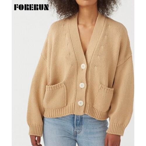 FORERUN Chunky Cardigan Women Solid Deep V-neck Long Sleeve Sweaters Saddle Shoulder with Pockets Sweter Mujer 2021 Dropshipping