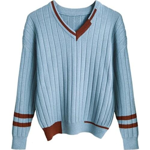 Hand made wool polyester blend thick knit women vintage Vneck loose short pullover sweater solid color S-2XL