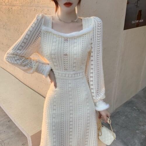 Fall All-Match Dress Women French Vintage White Square Collar Dress Furry Winter Thickened Lace Dress Womens Clothing 2021 New