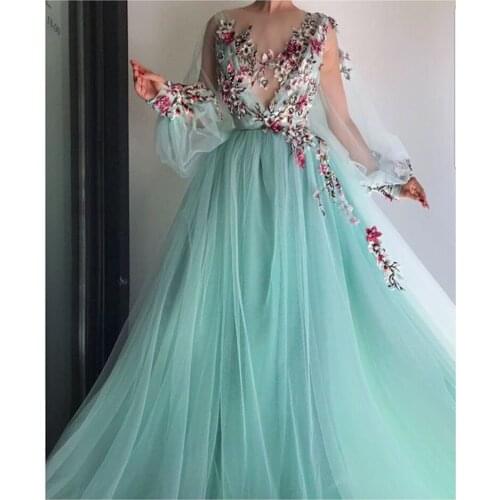 Long Sleeves Evening Dress Party Gowns Robe De Soiree Formal Prom Dresses Plunging 3D Flowers Beading Top Evening Gowns