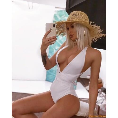 2021 Sexy Plunging Swimsuit One Piece High Cut Swimwear Women Cross Bandage Beachwear Summer Backless Bathing Suit Women