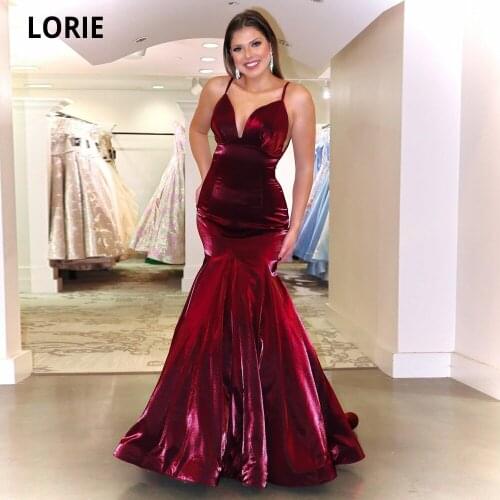 LORIE Burgundy Velvet Evening Dresses Mermaid Long Formal Backless Deep V-neck Spaghetti Vintage Prom Party Gown Plus Size
