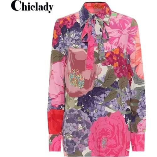 CHICLADY Spring Summer Womens Floral Pattern Bow Collar Long Sleeve Pink Flower Blouse Top Shirt Woman Clothes Women Plus Size