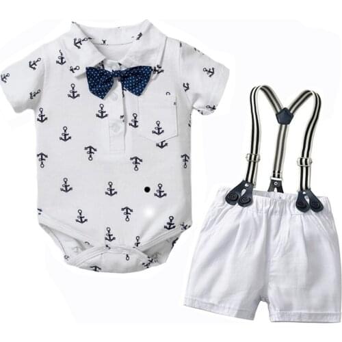 Infant Newborn Clothing Boy Clothes Baby Romper Cotton Iron Anchor Bow Tie Jumpsuit + Strap + Shorts Infant Romper Kids Outwear