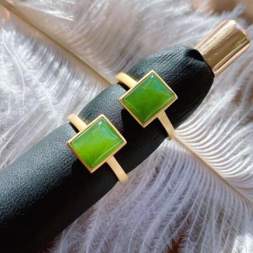 Natural Hetian Jade Green Jade S925 Silver Ancient French Gold Craft Inlaid Small Square Ring Womens Ring Fashion All-Matching