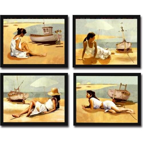 No frame impression cartoon beach girl scenery canvas printings oil painting printed on cotton wall art decoration pictures
