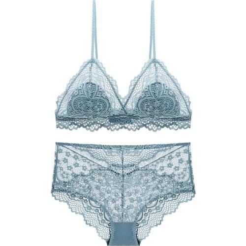 2021 New Sexy Hollow Out Lace Triangle Thin Lined Bra without Stones High Waist Panties Set Underwear Women Lingerie Bralette