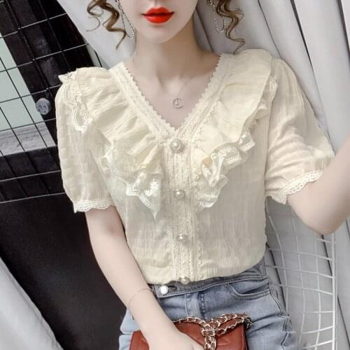 Ruffles Lace Solid Women Shirt Summer New Design 2021 Beaded V-Neck Short-Sleeved Slim Elegant Office Lady Pulls Outwear Tops