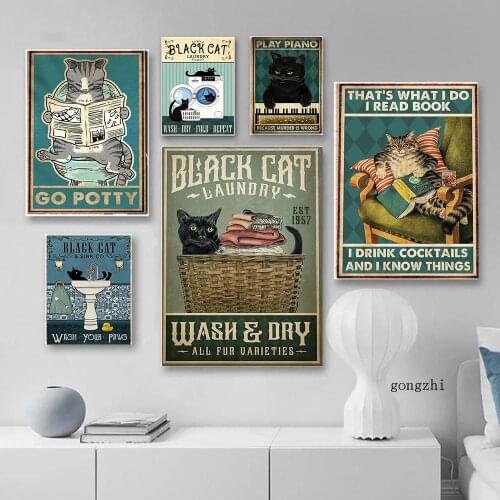Mental Black Cat Wash Your Paws Vintage Poster Cute Animal Canvas Painting Prints Funny Bathroom Wall Art Pictures Laundry Decor